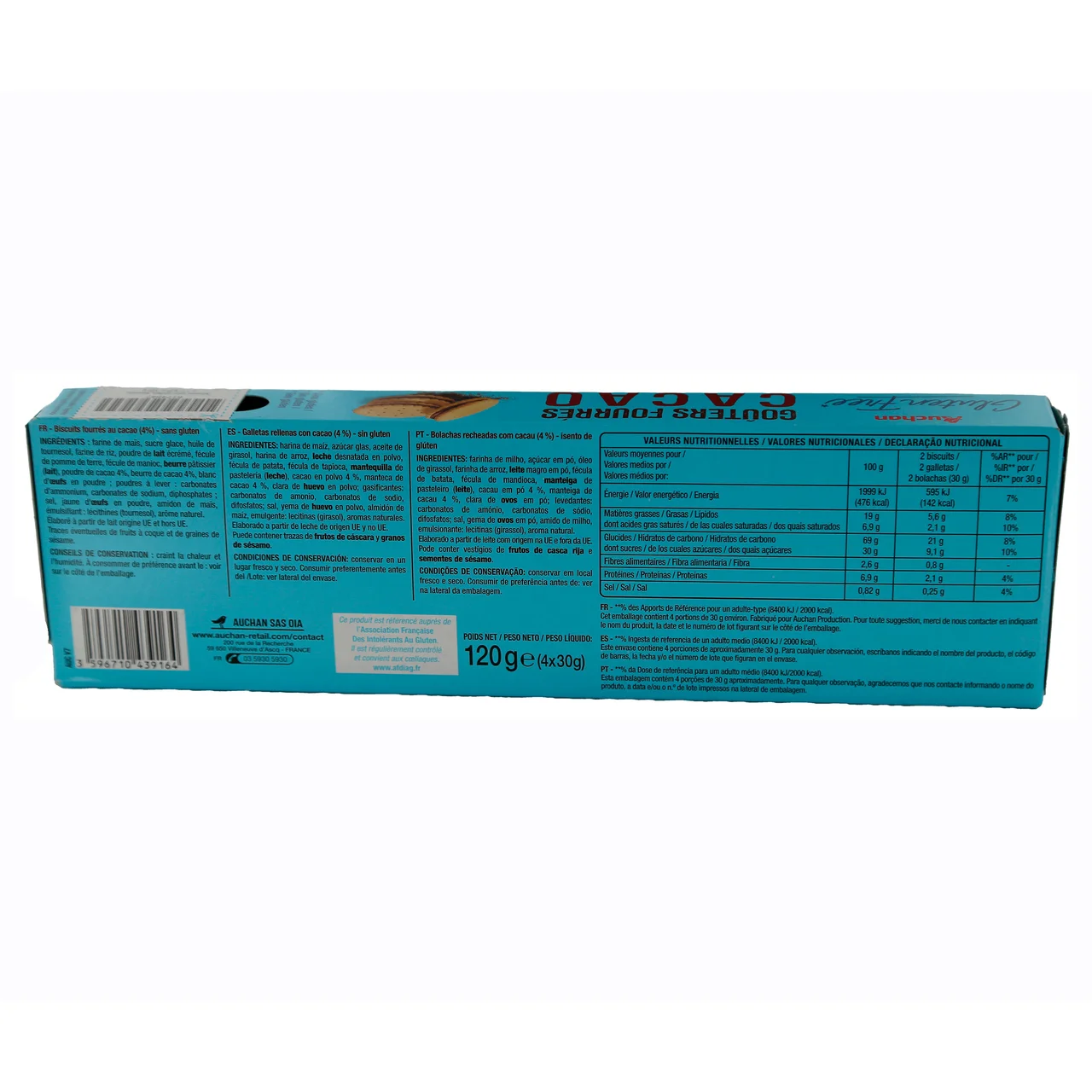 PRODUCTO ALCAMPO Galletas sin gluten rellena de cacao PRODUCTO ALCAMPO, 120 g.