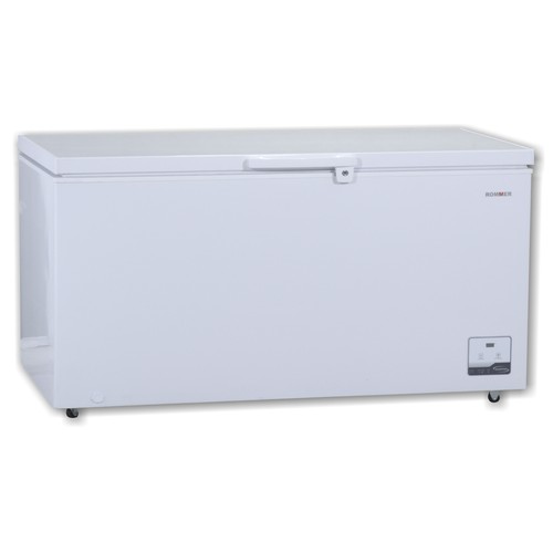 Arcón congelador ROMMER CHE-520T blanco, clasificación energética: E, H: 83,5cm, A: 165,5cm, F: 73,5cm, capacidad total: 500L.