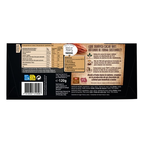 NESTLÉ Dark Chocolate negro 70% cacao 120 g.