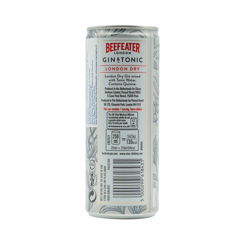 BEEFEATER Combinado de ginebra London dry y tónico (gin & tonic) lata 25 cl.
