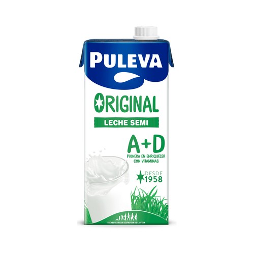 PULEVA Leche semidesnatada de vaca, enriquecida con vitaminas A y D y de origen 100% español 1 l.