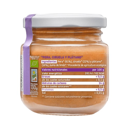 SMILEAT Tarrito de pera, ciruela y plátano ecológicos, a partir de 6 meses 130 g.