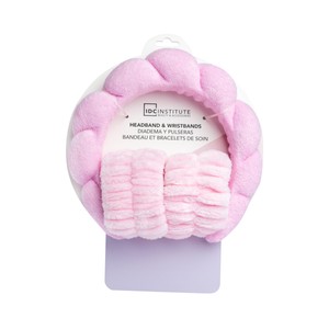 IDC INSTITUTE Cinta de pelo y muñequeras para desmaquillarse de color rosa.