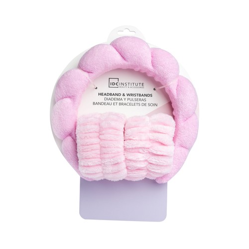 IDC INSTITUTE Cinta de pelo y muñequeras para desmaquillarse de color rosa.