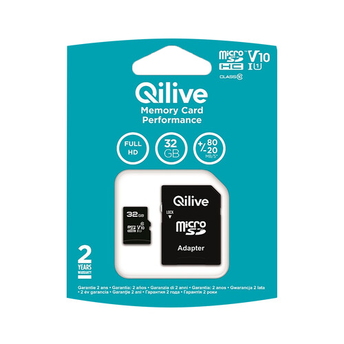 Tarjeta de memoria QILIVE MicroSDHC 32GB, clase 10, para FULL HD, adaptador SD.