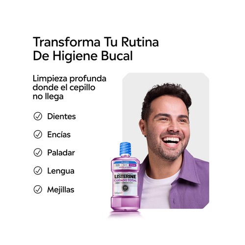 LISTERINE Cuidado total Enjuague bucal con flúor y sin alcohol, sabor menta intensa 500 ml.