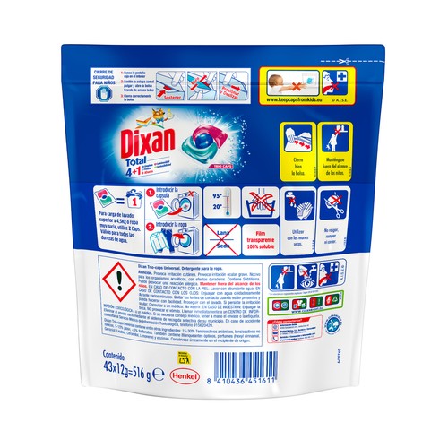 DIXAN Total trio caps Detergente en cápsulas 4 en 1 (limpieza, frescor, luminosidad y sostenibilidad) 43 uds.