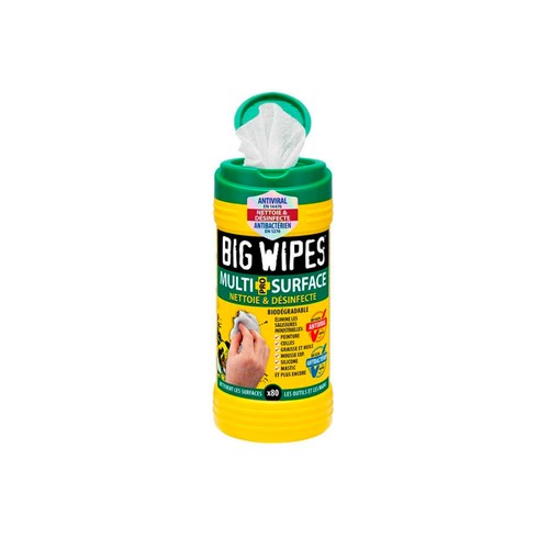 Bote de 80 unidades. Material: Fibra vegetal, Aloe vera, Glicerina, Lanolina, Vitamina E. BIG WIPES.