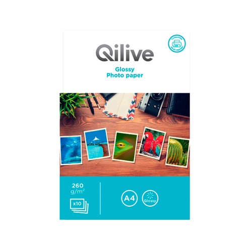 Pack de 10 papeles de foto QILIVE, A4, 260gr.