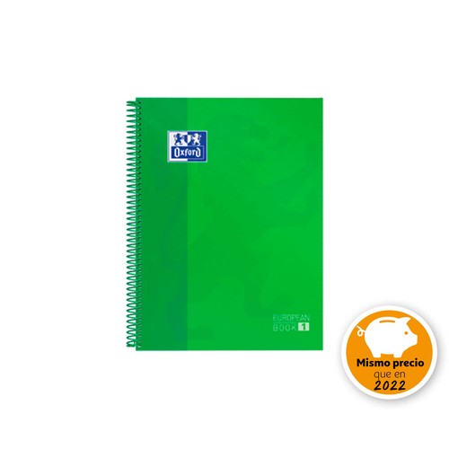 Cuaderno A4 con cuadrícula de 5x5 milímetros, 80 hojas de 80 gramos, tapas extraduras de color verde y encuadernación con espiral metálica OXFORD.