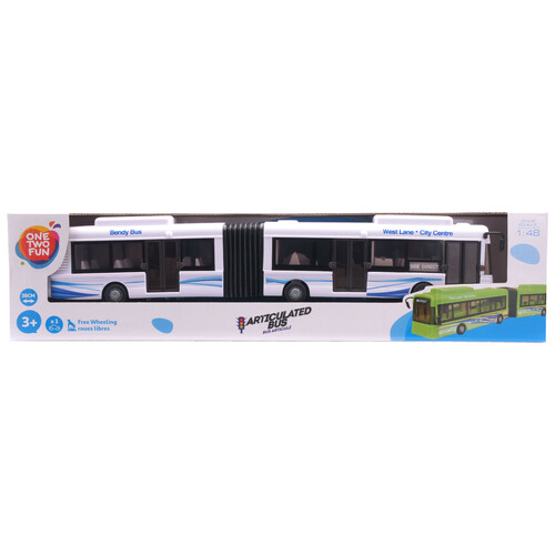 Autobús articulado con ruedas libres, 38cm, color rojo, blanco o verde surtido ONE TWO  FUN ALCAMPO.