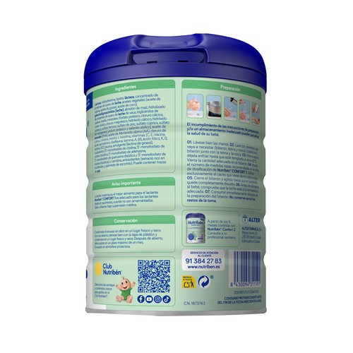 NUTRIBÉN Confort Leche (1) de inicio de fácil digestión, para lactantes a partir del primer día 800 g.