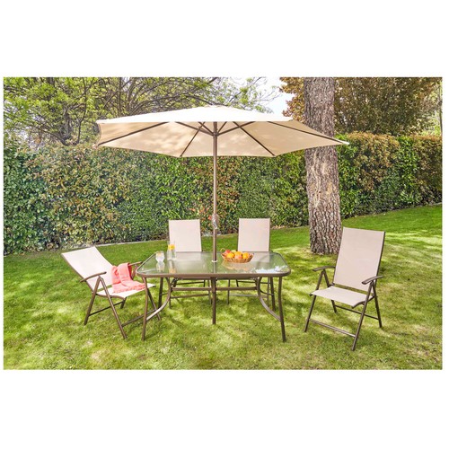 Conjunto de muebles de jardín 4 plazas con mesa, sombrilla y 4 sillas plegables, color Beige y Marrón, Mojácar IKUNIK