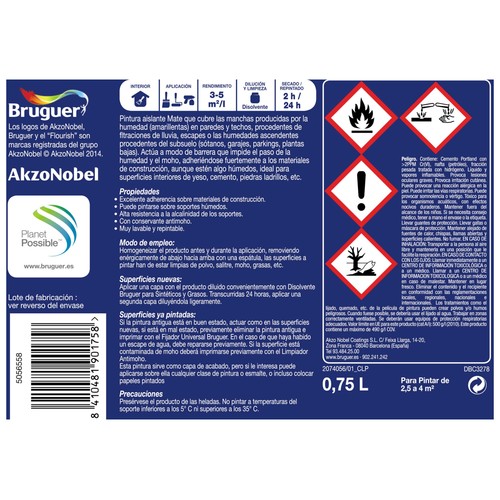 Pintura impermeable antihumedad, anti manchas y antimoho de color blanco BRUGUER 0,75 litros 1 unidad.