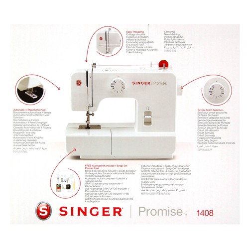 Máquina de coser SINGER Promise 1408, 8 puntadas, brazo libre, ojalador 4 pasos, devanador automático, luz.