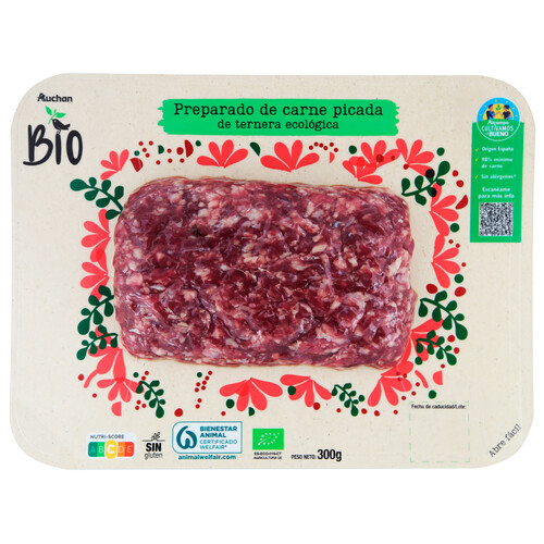 Preparado de carne picada de ternera ecológica ALCAMPO PRODUCCIÓN CONTROLADA ECOLÓGICO 300 g.