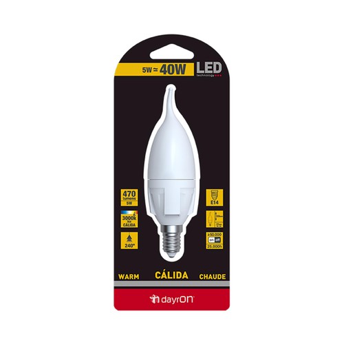 Bombilla vela led SMD de 5W, con casquillo E14 (fino) y luz cálida DAYRON.