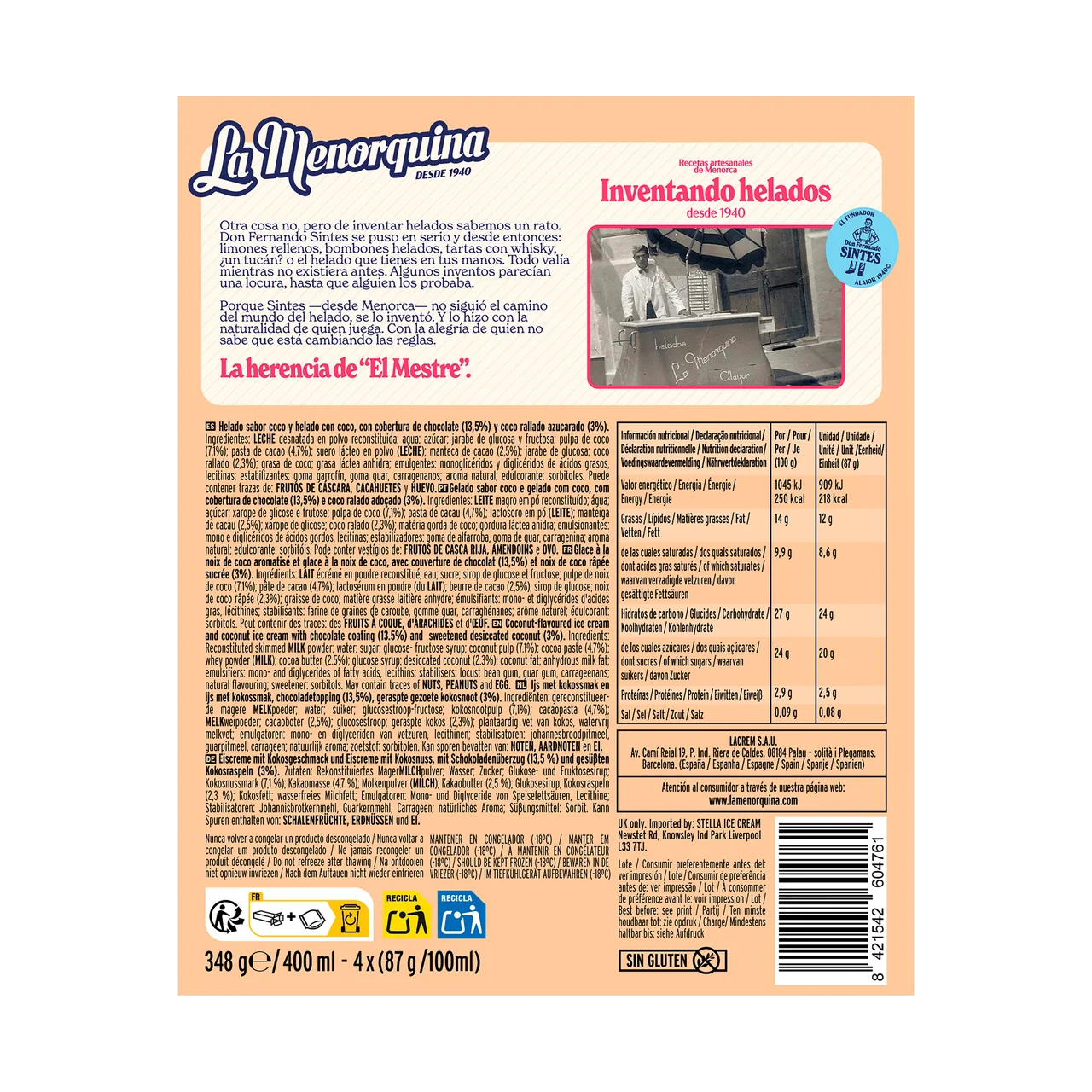 Helado polo de coco bañado en chocolate 4 x 100 ml.
