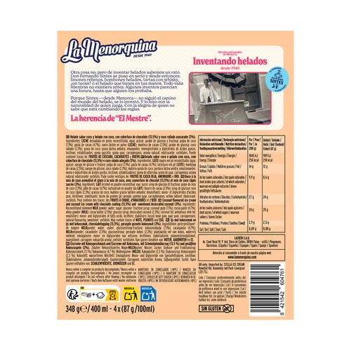 LA MENORQUINA Helado polo de coco bañado en chocolate 4 x 100 ml.