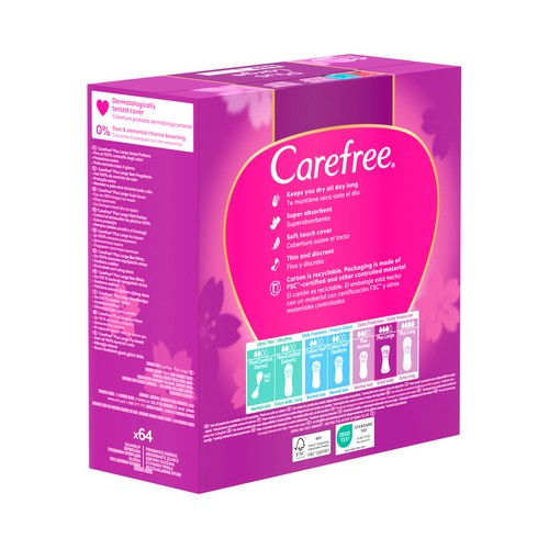 CAREFREE Salvaslips (protegeslips) extra largos, super absorbentes, sin fragancia 64 uds.