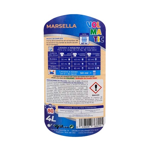 VOLMATIC Detergente líquido concentrado con jabón de Marsella 80 lavados, 4 l.