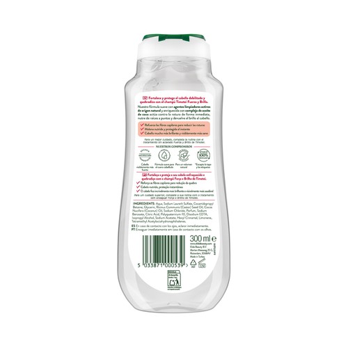 TIMOTEI Champú fuerza y brillo con coco y ricino, sin siliconas 300 ml.