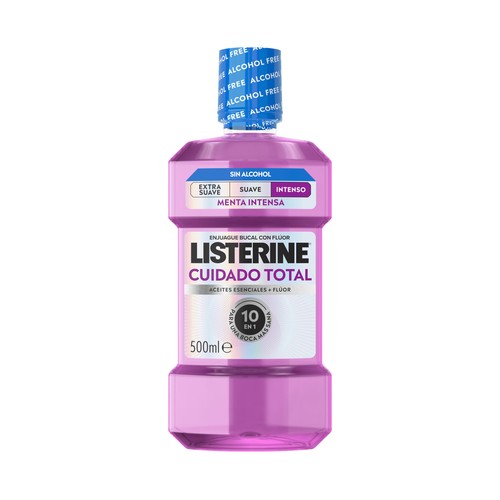 LISTERINE Cuidado total Enjuague bucal con flúor y sin alcohol, sabor menta intensa 500 ml.