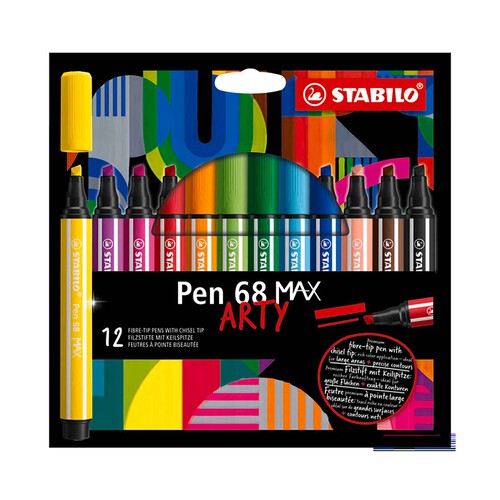 Estuche con 12 rotuladores premium STABILO Pen 68 MAX con punta biselada