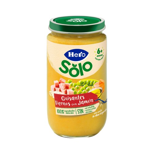 HERO Solo Tarrito de guisantes tiernos con jamón (textura suave), a partir de 6 meses 235 g.