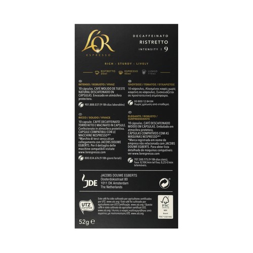 L"OR ESPRESSO Café en cápsulas Descafeinado Ristretto I9, 10 uds.