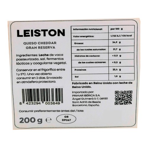 LEISTON GRAN RESERVA Queso cheddar 200g