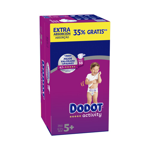 DODOT Pañal talla 5+ para bebés de 12 a 17 kilogramos DODOT Activity 96 uds.