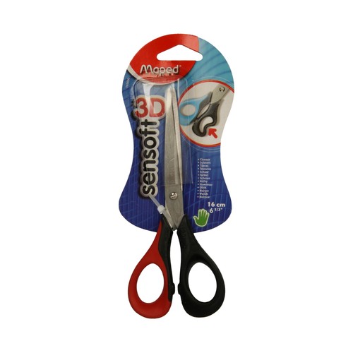 Tijera escolar o de oficina con hojas de 16 cm, ergonomia 3D y mangos flexibles MAPED Sensoft 3D.