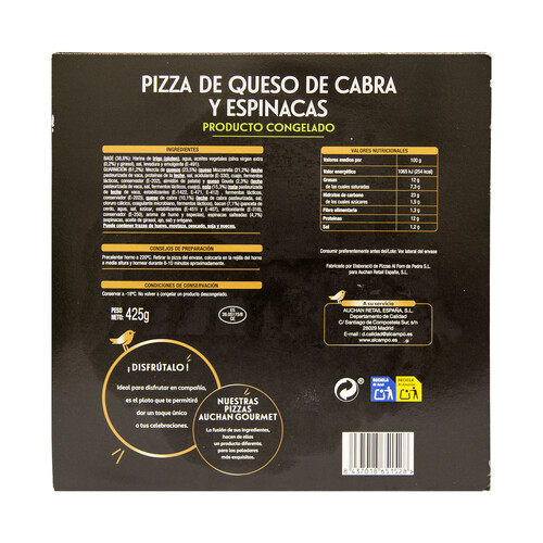 ALCAMPO GOURMET Pizza congelada de queso de cabra, bacon y espinacas salteadas ALCAMPO GOURMET 425 g.