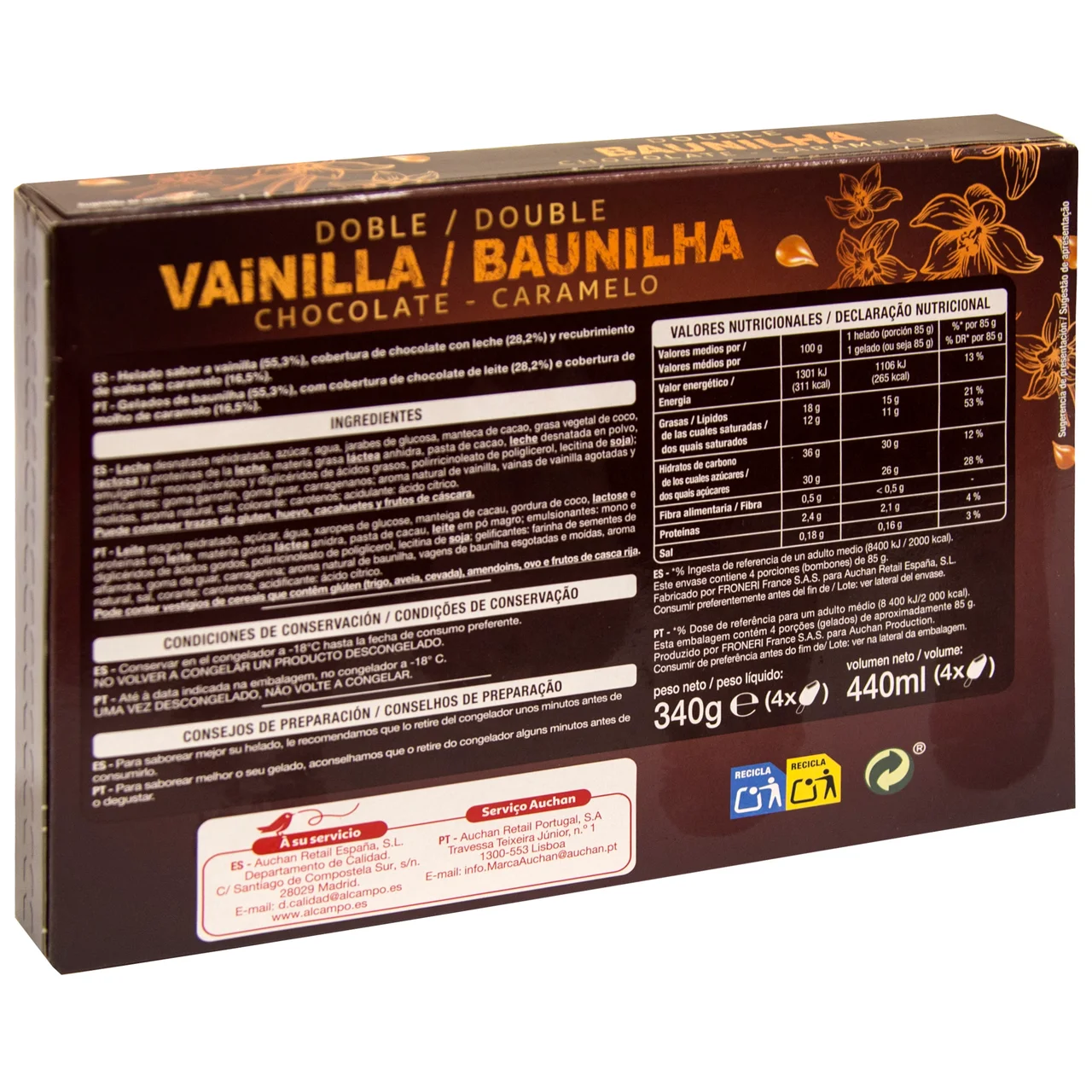 AUCHAN Bombon de helado de vainilla con salsa de caramelo, recubierto de chocolate con leche doble 4 x 100 ml. Producto Alcampo
