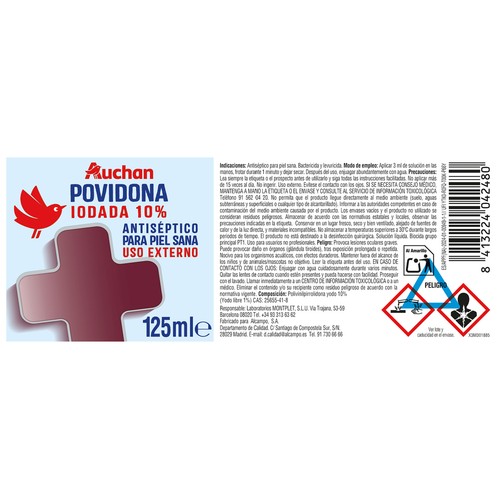PRODUCTO ALCAMPO Povidona Iodada 10%, (antiséptico para piel sana) 125 ml.