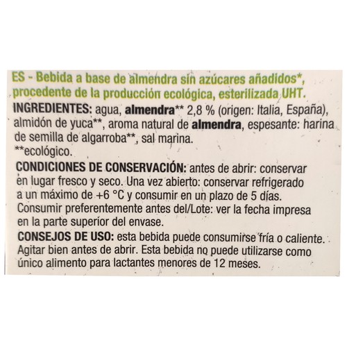 ALCAMPO ECOLÓGICO Bebida de almendras ecológica sabor suave 1 l.