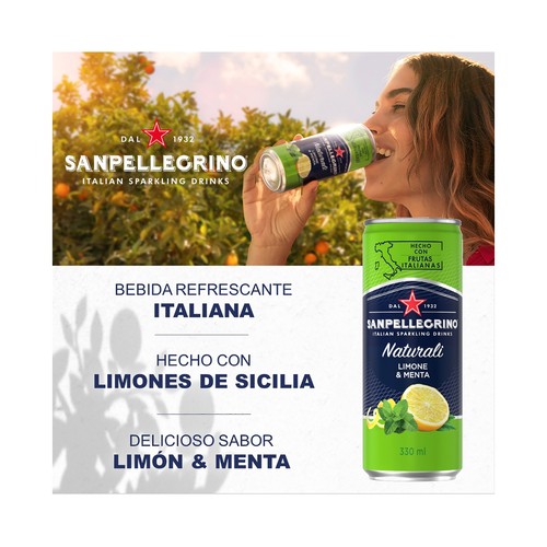 SANPELLEGRINO Agua con gas mineral, sabor limón y menta lata 33 cl.