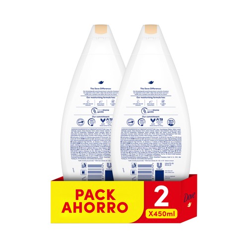 DOVE Gel para baño o ducha con manteca de karité y aroma de vainilla 2 x 450 ml.