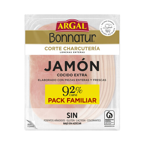 Jamón cocido extra cortado en lonchas enteras BONNATUR Corte charcutería de Argal 200 g.