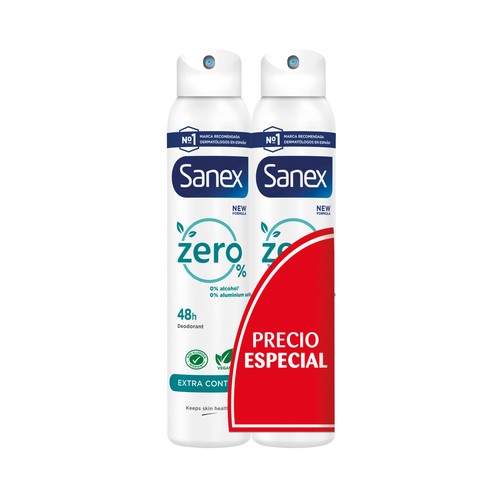 SANEX Desodorante en spray para mujer sin alcohol y sin sales de aluminio SANEX Zero % extra control 2 x 200 ml.