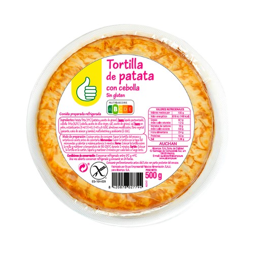Tortilla de patata fresca, con cebolla y sin gluten PRODUCTO ECONÓMICO ALCAMPO 500 g.