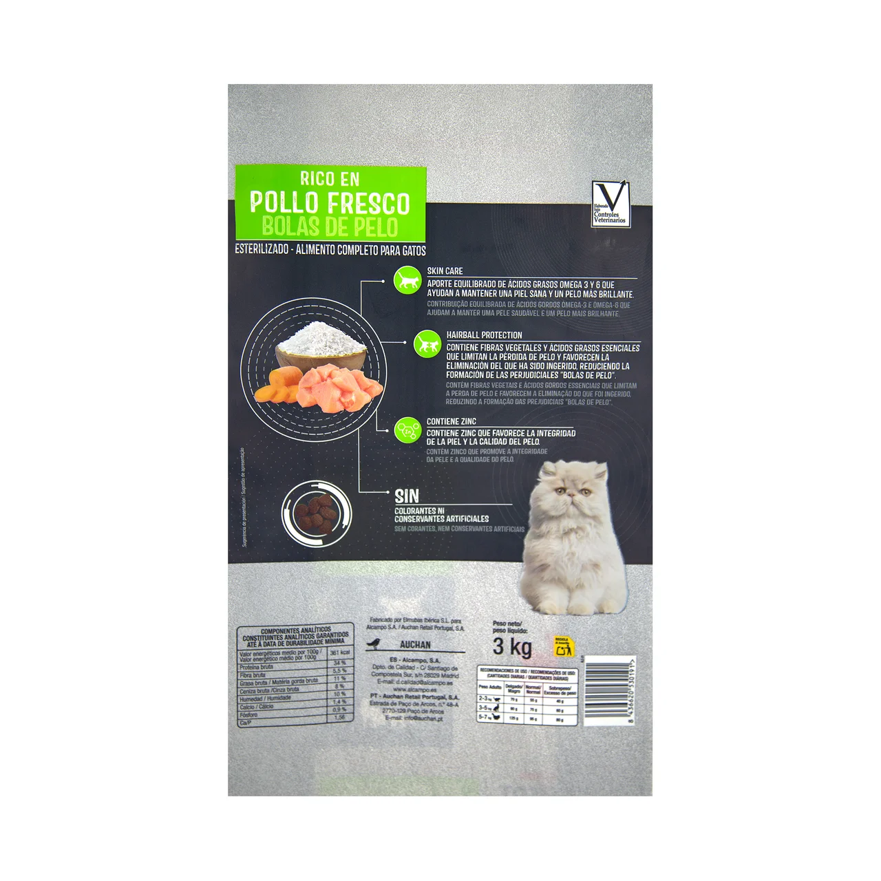 PRODUCTO ALCAMPO Alimento de gato seco bolsas de pelo esterilizado 3 kg.