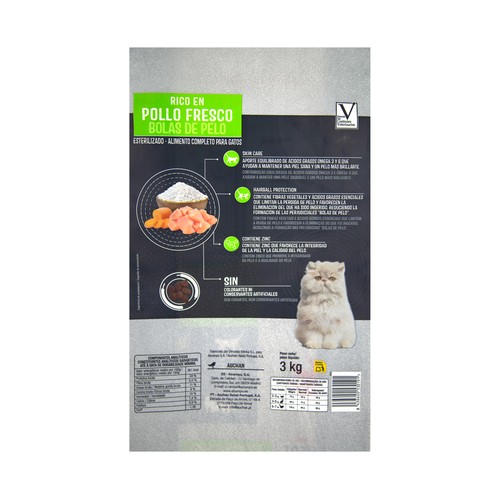 PRODUCTO ALCAMPO Alimento de gato seco bolsas de pelo esterilizado 3 kg.