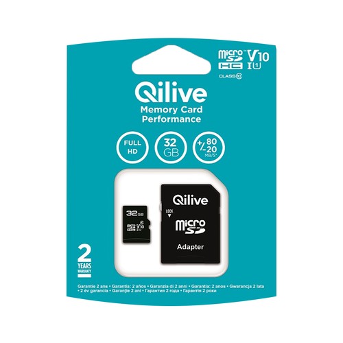 Tarjeta de memoria QILIVE MicroSDHC 32GB, clase 10, para FULL HD, adaptador SD.
