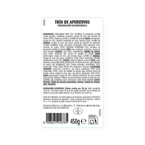 ARTURO VOGGLIAZZI Trío de aperitivos Ruso, capricho, coctel de gambas 3 uds. 450 g. 
