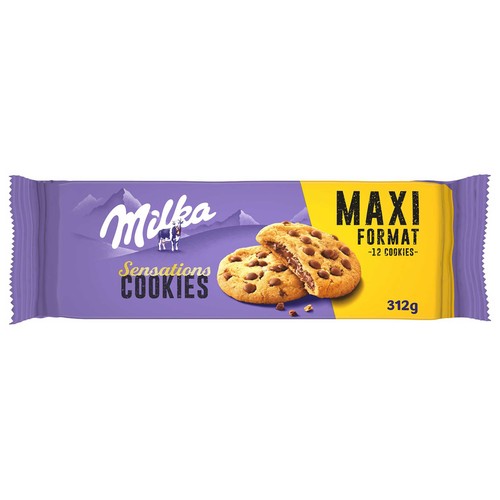MILKA Sensations galleta con Pepitas de Chocolate y Relleno de Chocolate con Leche de los Alpes paquete 300 g.