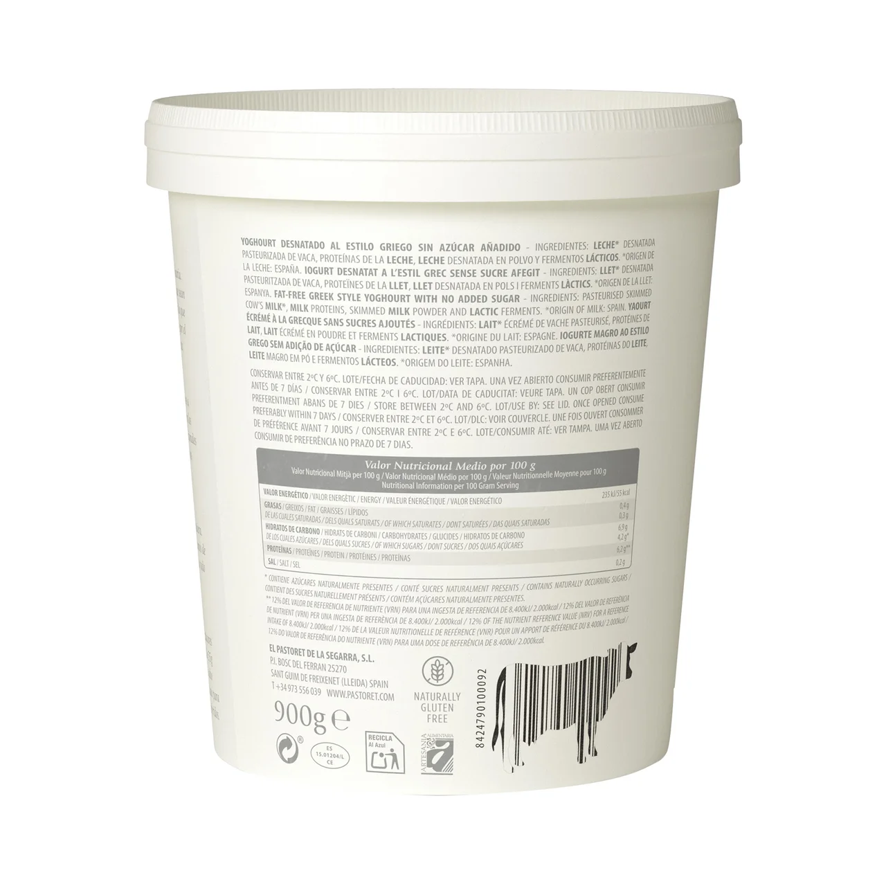 Yogur artesanal desnatado (0% materia grasa) estilo griego, sabor natural 900 g.