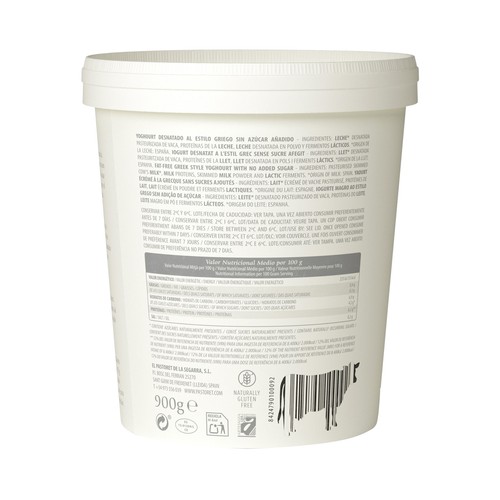 PASTORET Yogur artesanal desnatado (0% materia grasa) estilo griego, sabor natural 900 g.