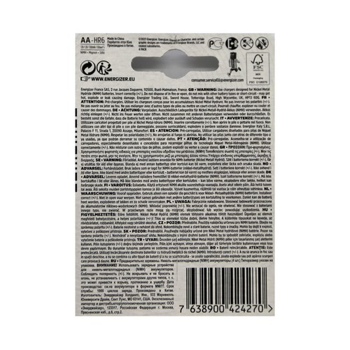 Pack de 4 pilas recargables AA, Ni-MH, HR06, ENERGIZER, 1300 mAh.